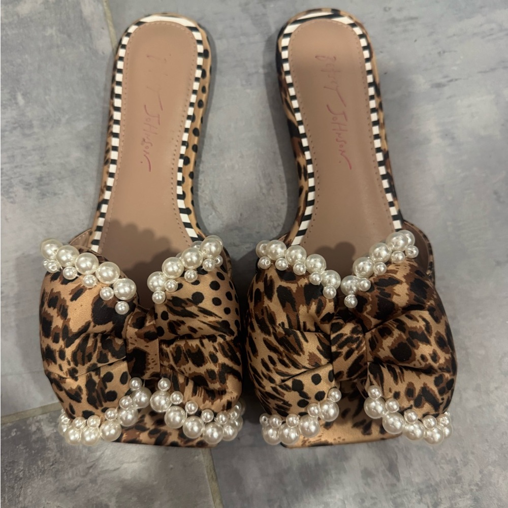 Betsey Johnson Leopard Pearl Embellished Mules